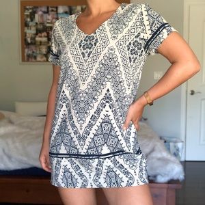 blue and cream patterned dress